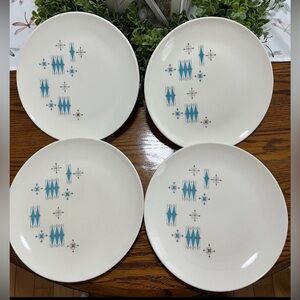 Set of 4 Mount Clemens 1950s MCM Atomic Blue Aqua 10” Dinner Plates USA Vintage